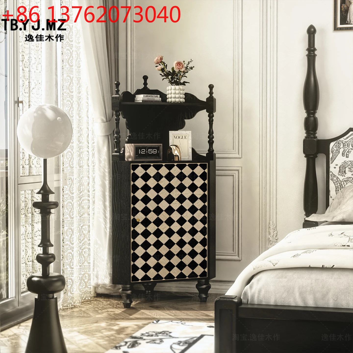 

American retro checkerboard solid wood triangular cabinet living room corner rack