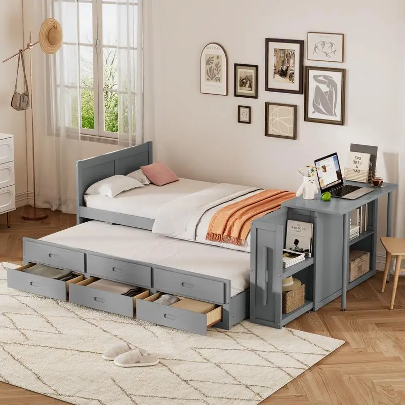 Twin Size Multifunctional Wood Platform Bed with Desk, Storage Shelf, Built-in Trundle, and 3 Drawers, Gray Finish