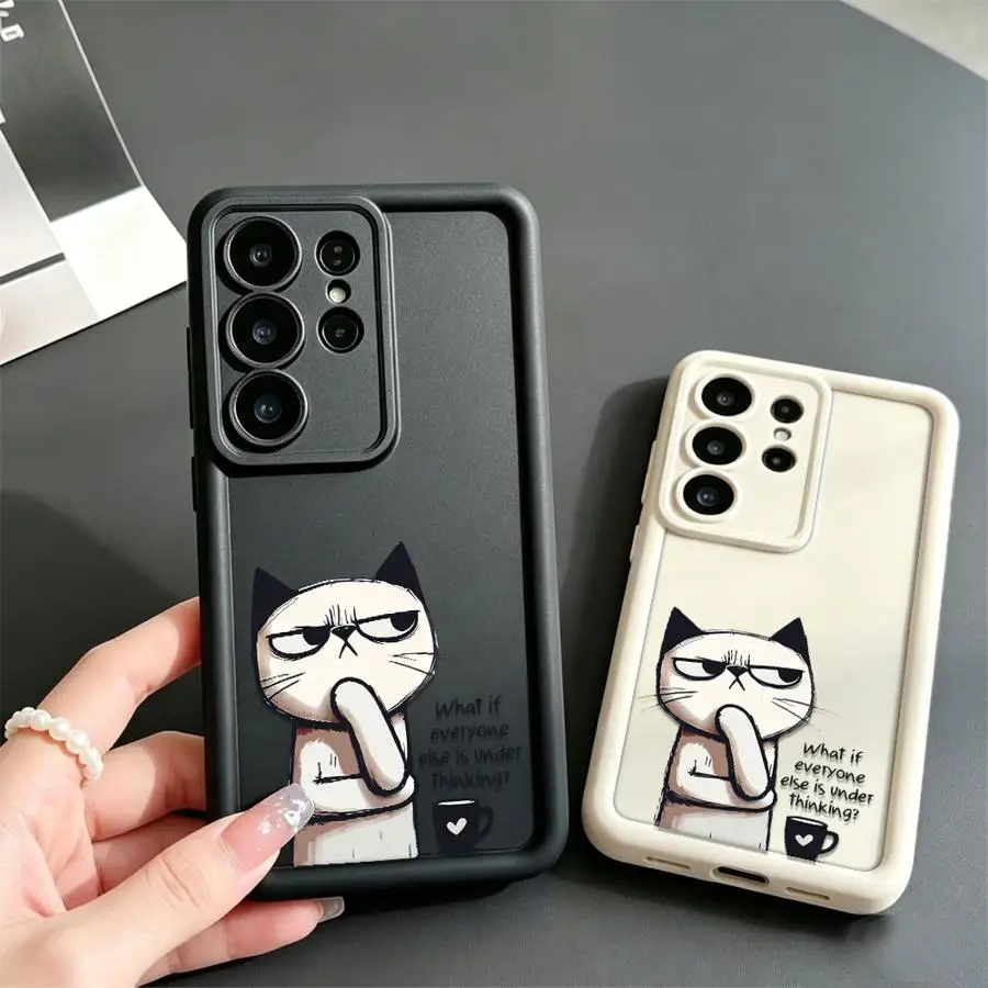 Coffee Cat Thinking Phone Cover Case for Samsung Galaxy S26 Ultra S23 FE S24 Plus S21 S22 S25 Edge S20FE S24Ultra S25