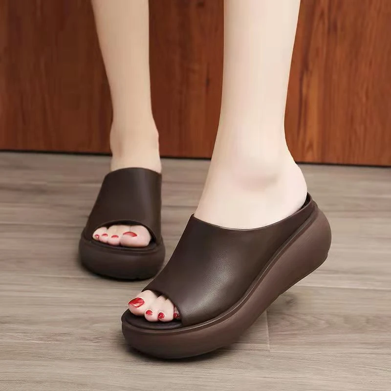 Women Slippers 2024 Ladies Summer Soft Leather Shoes Female Wedge Heels Fashion Mules Platform Anti Slip Comfortable Beach Slide