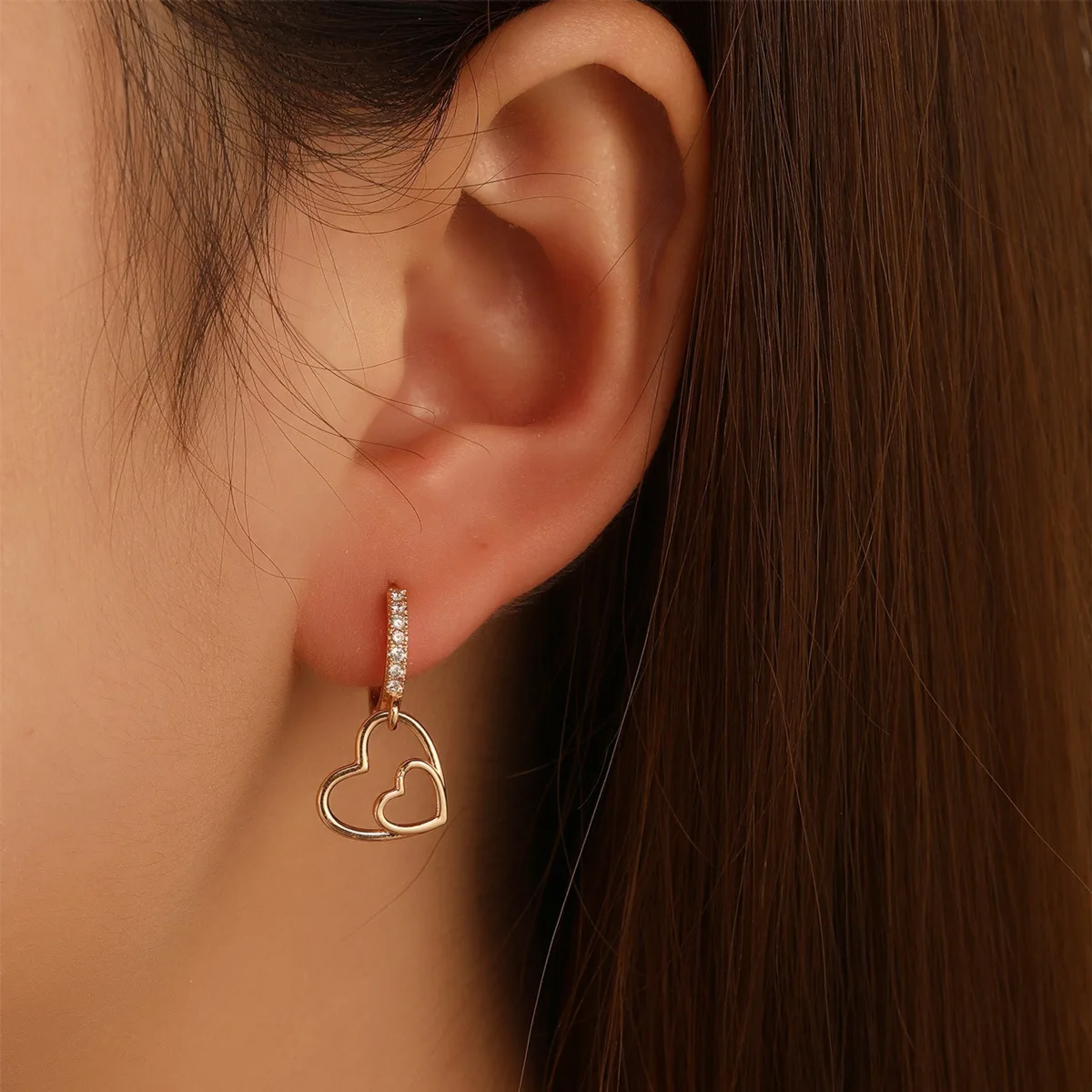 Long High Quality Jewelry Simple Hollow Silver Golden Plated Love Heart Circle Zircon Women Dangle Drop Earrings