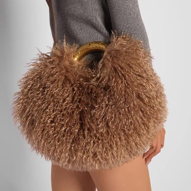 

Новая модная длинная меховая шерстяная сумка, пляжная сумка из искусственного меха, женская сумка из искусственного меха, роскошные сумки из монгольского овечьего меха