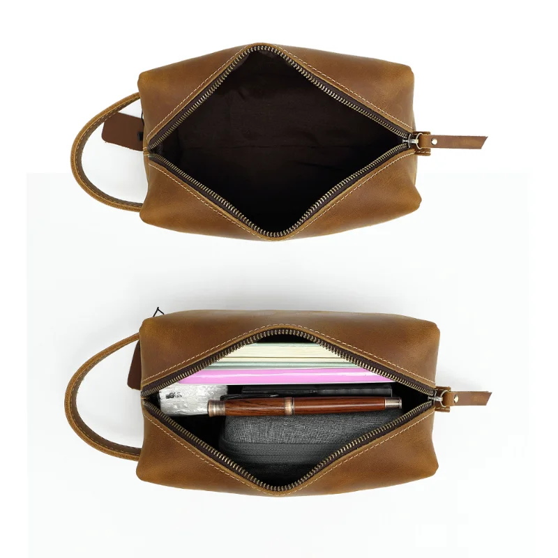 AIGUONIU الساخن بيع الأصفر البني خمر نمط مجنون الحصان جلد طبيعي مستحضرات التجميل الهاتف المحمول حقيبة صغيرة الرجال النساء غسل حقيبة #3