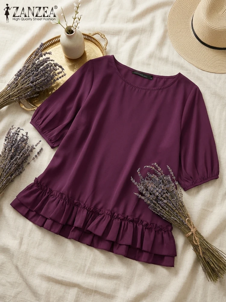 

ZANZEA женские блузки летняя мода повседневная одежда с круглым вырезом и рукавами-фонариками с оборками подол однотонные топы повседневная женская одежда S-3XL