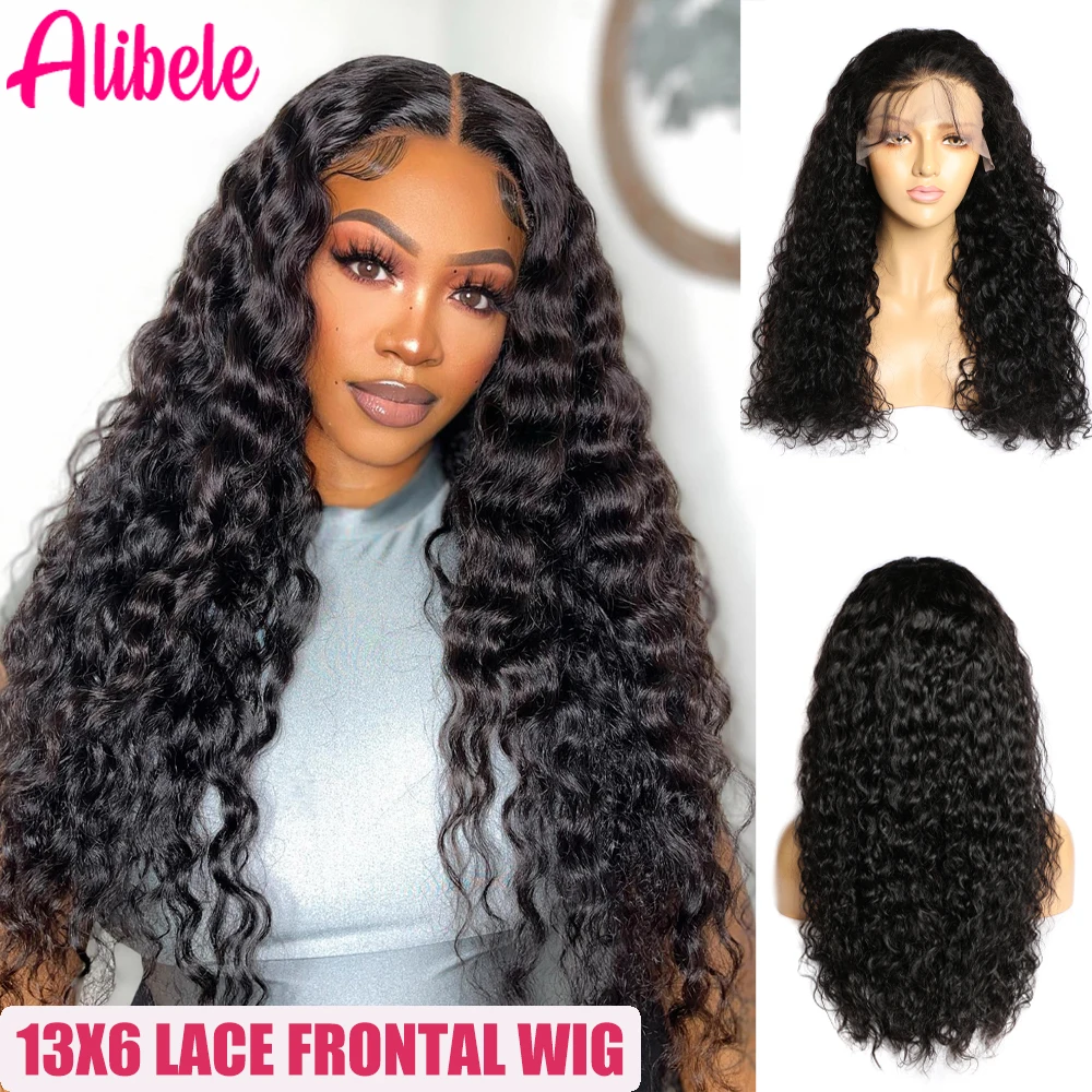 

26 28 inches ALIBELE Water Wave Lace Front Human Hair Wig Transparent Lace Pre Plucked Natural Black 12A Virgin Hair For Woman