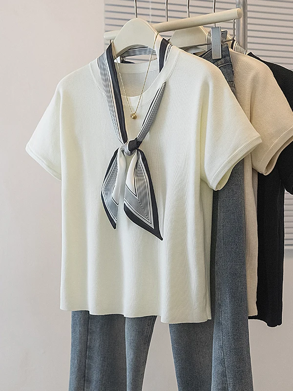 Unique Beautiful Silk Scarf Neck Short Sleeve T-Shirt Women round Neck Proper Shoulder Slim Knitted Shirt Luxury Versatile Sm...