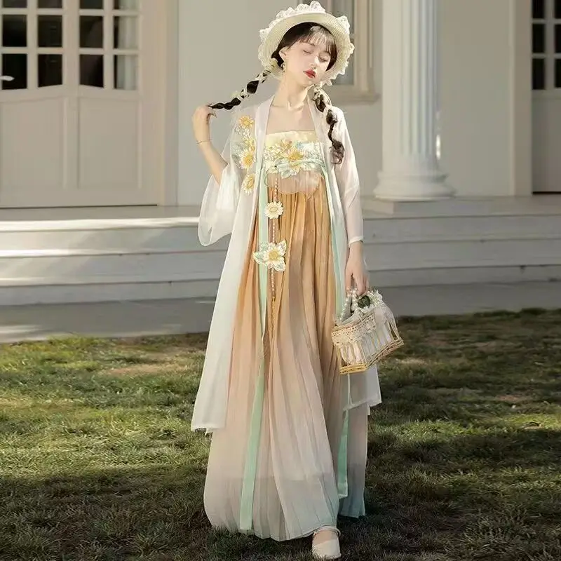

Женская Весенняя юбка Hanfu в виде подсолнуха Kezi, юбка с вышивкой на лямке через шею, Женская Студенческая Повседневная весенне-летняя стильная юбка