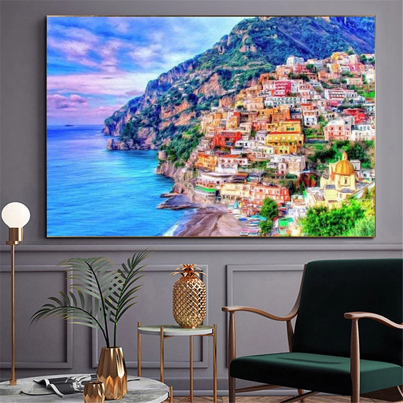 Positano Italy Landscape Poster Amalfi Coast Wall Art Picture Canvas HD Print Photography Sunset Living Room Home Decor Painting