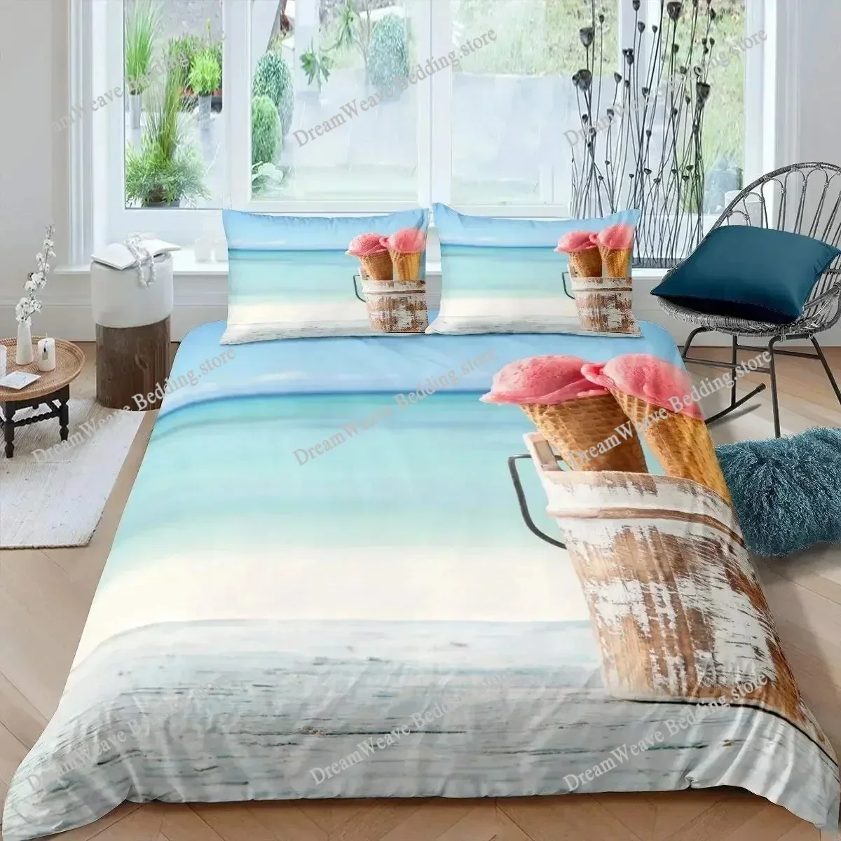 Summer Theme Duvet Cover Set,Cartoon Fruits Ice Cream Bedding Set Dessert Food Soft Light Khaki Quilt Cover Luxury Gift