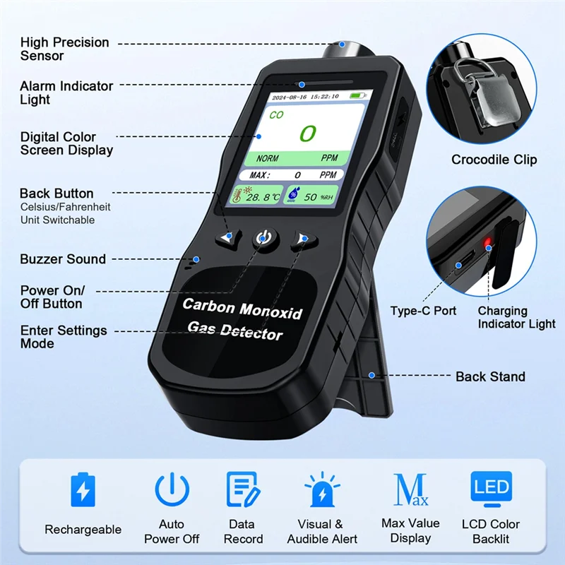 AB34-US ปลั๊ก CO เครื่องตรวจจับเครื่องตรวจจับคาร์บอนมอนอกไซด์ 0-1000 PPM เสียง, การแจ้งเตือนการสั่นสะเทือนแสงสําหรับบ้าน, สําหรับการเดินทางและอุตสาหกรรม