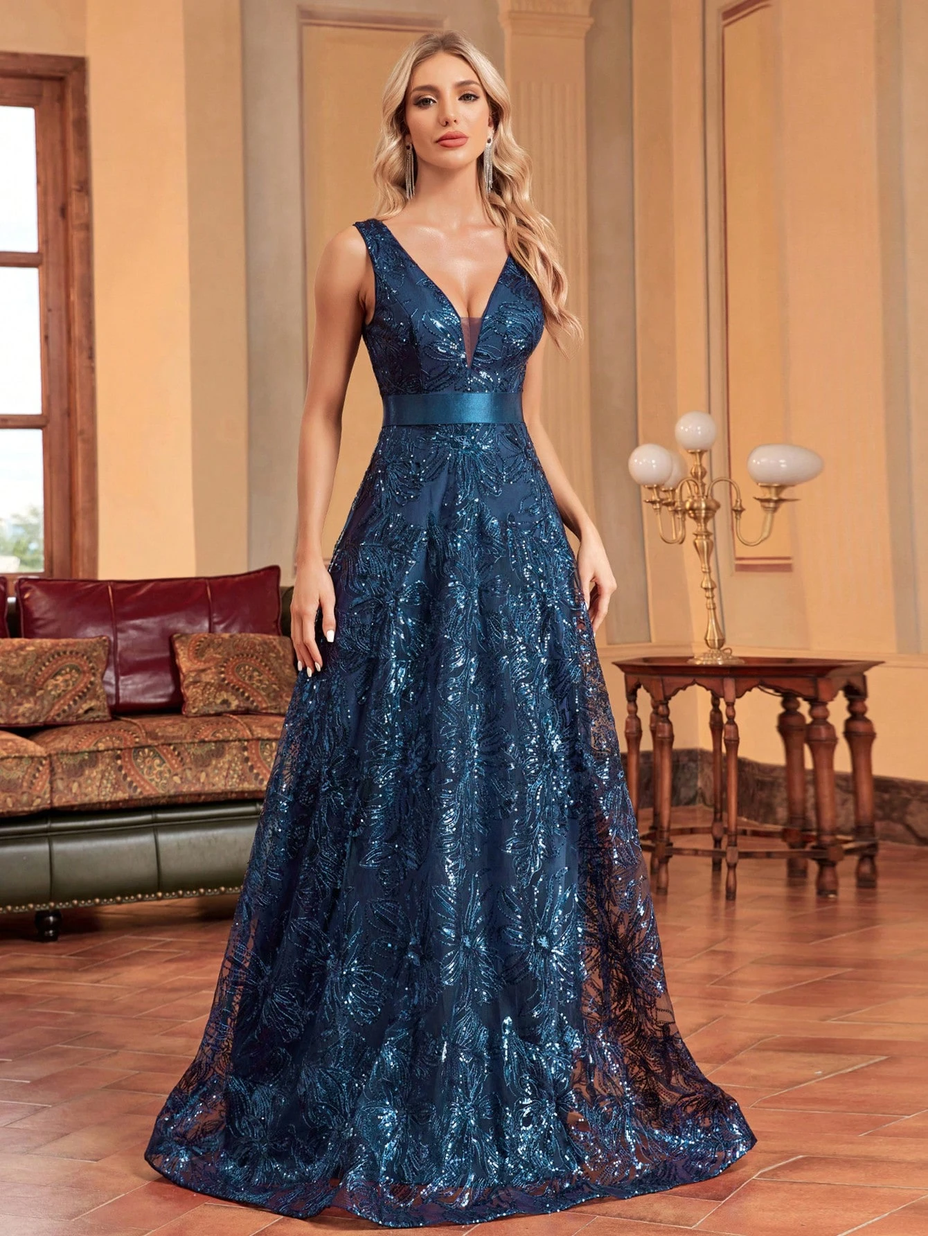 Elegant Navy Blue Evening Dress Women's Deep V-Neck Sleeveless Sparkly Lace A-Line Long Formal Party Prom Gown with Belt