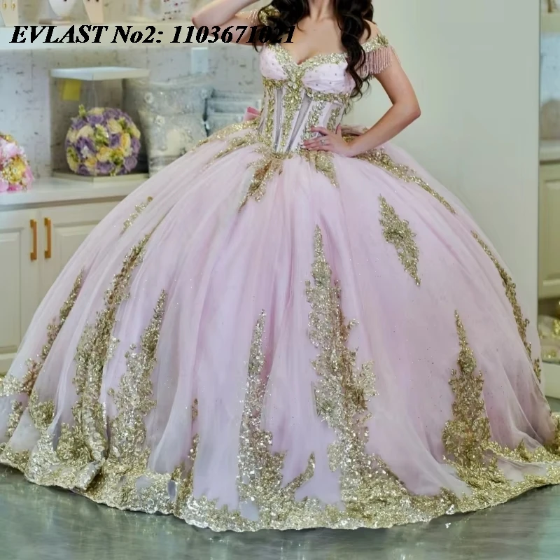 EVLAST personnalisé princesse rose Quinceanera robe robe De bal or dentelle appliques perles arc doux 16 robes De 15 Anos E2Q20