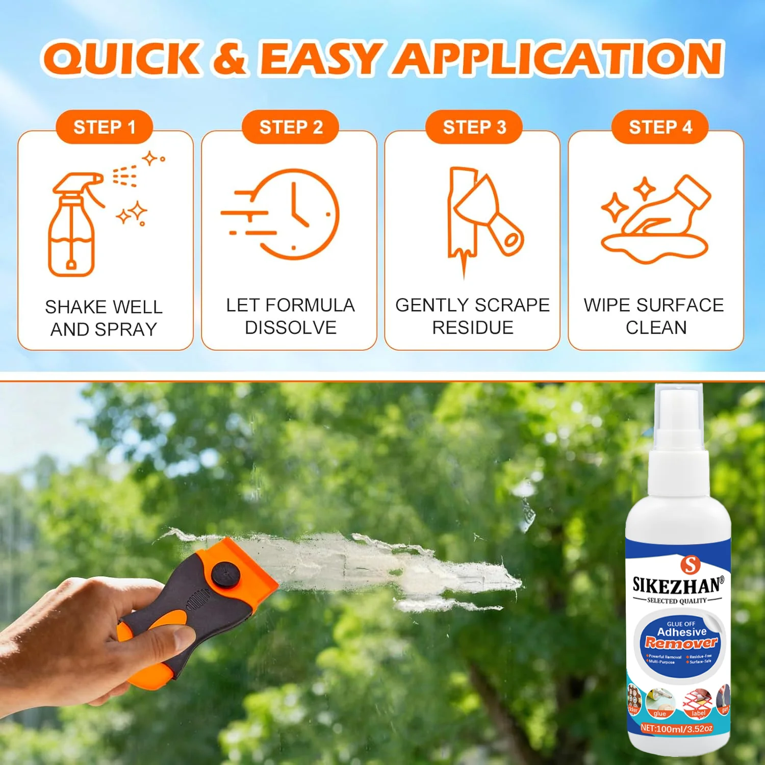 بخاخ مزيل لاصق قوي يزيل الملصقات/الملصقات/الشريط/اللثة/القطر بدون بقايا، آمن على السطح يتضمن منشفة مكشطة 100 مل/3.5 أونصة
