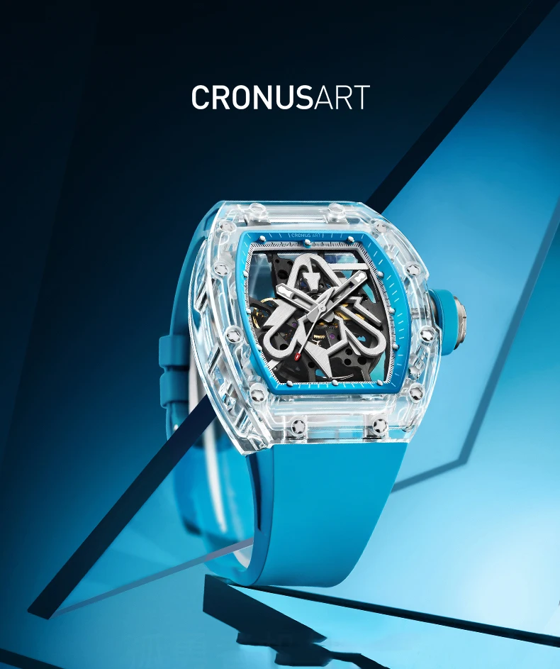 CRONUSART Men Automatic Watch 50mm Luxury Tonneau Mechanical Wristwatch Sapphire Case Luminous Fluororubber Strap Skeleton Dial