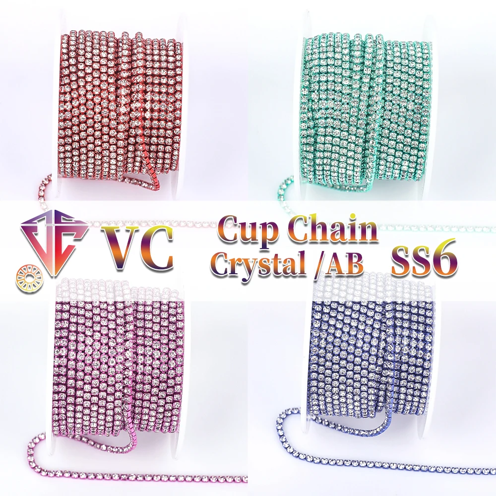 VC Crystal SS6 Silver/Gold/Red/Blue/Ametyst Base Clear Crystal Dense Rhinestone Chain Odzież Szycie Szklany łańcuszek z kryształu górskiego