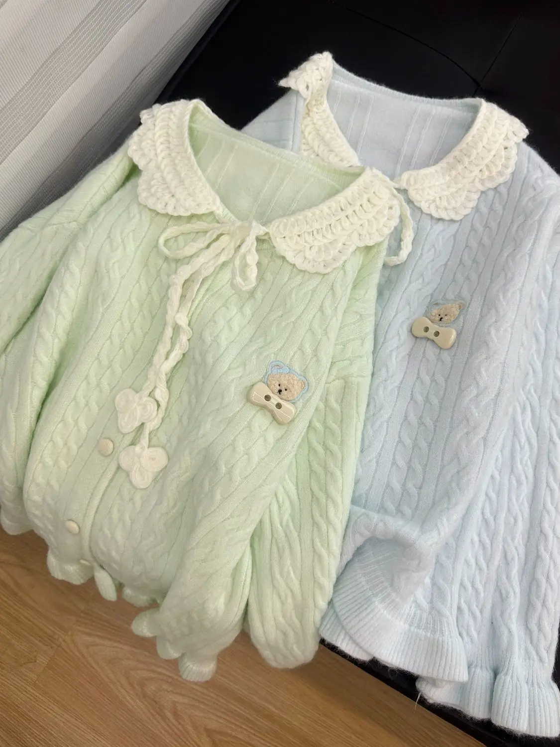 Lolita Sweet Cute Sweet Women Cable Knit Cardigan Lace Peter Pan Collar Bear Applique Patch Ruffle Hem Cuff Single Breasted Coat
