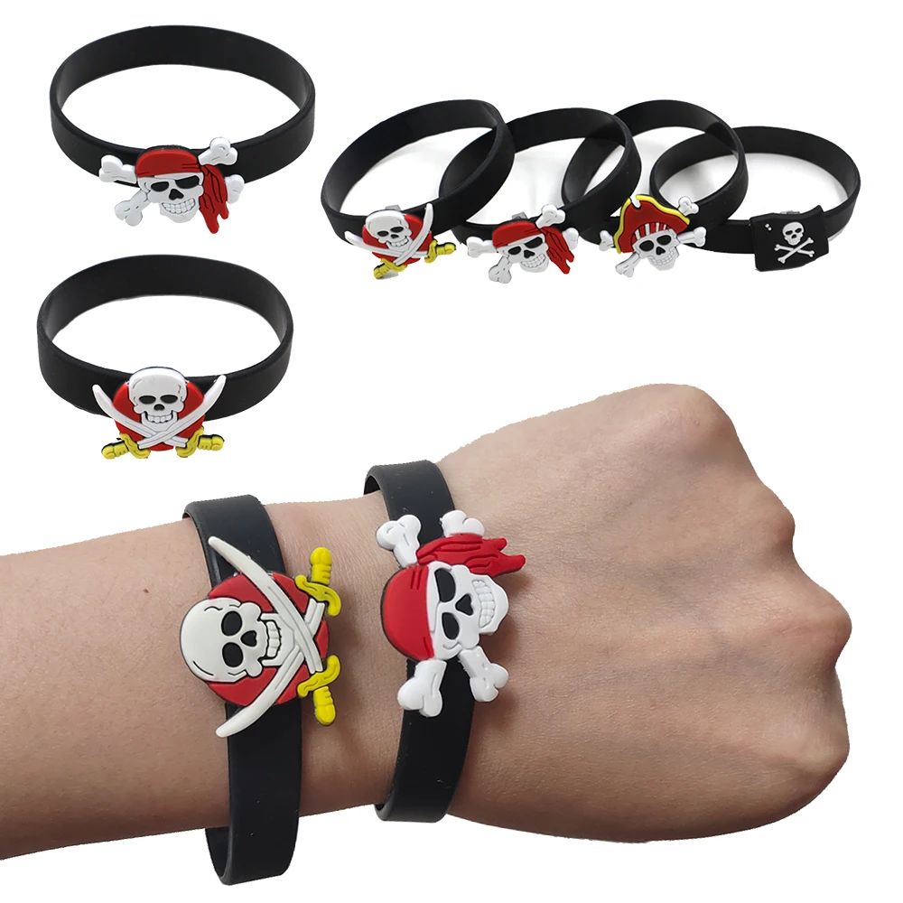 Pulseras de calavera pirata para niños, pulsera de anillo, decoración de fiesta de cumpleaños temática de pirata caribeño