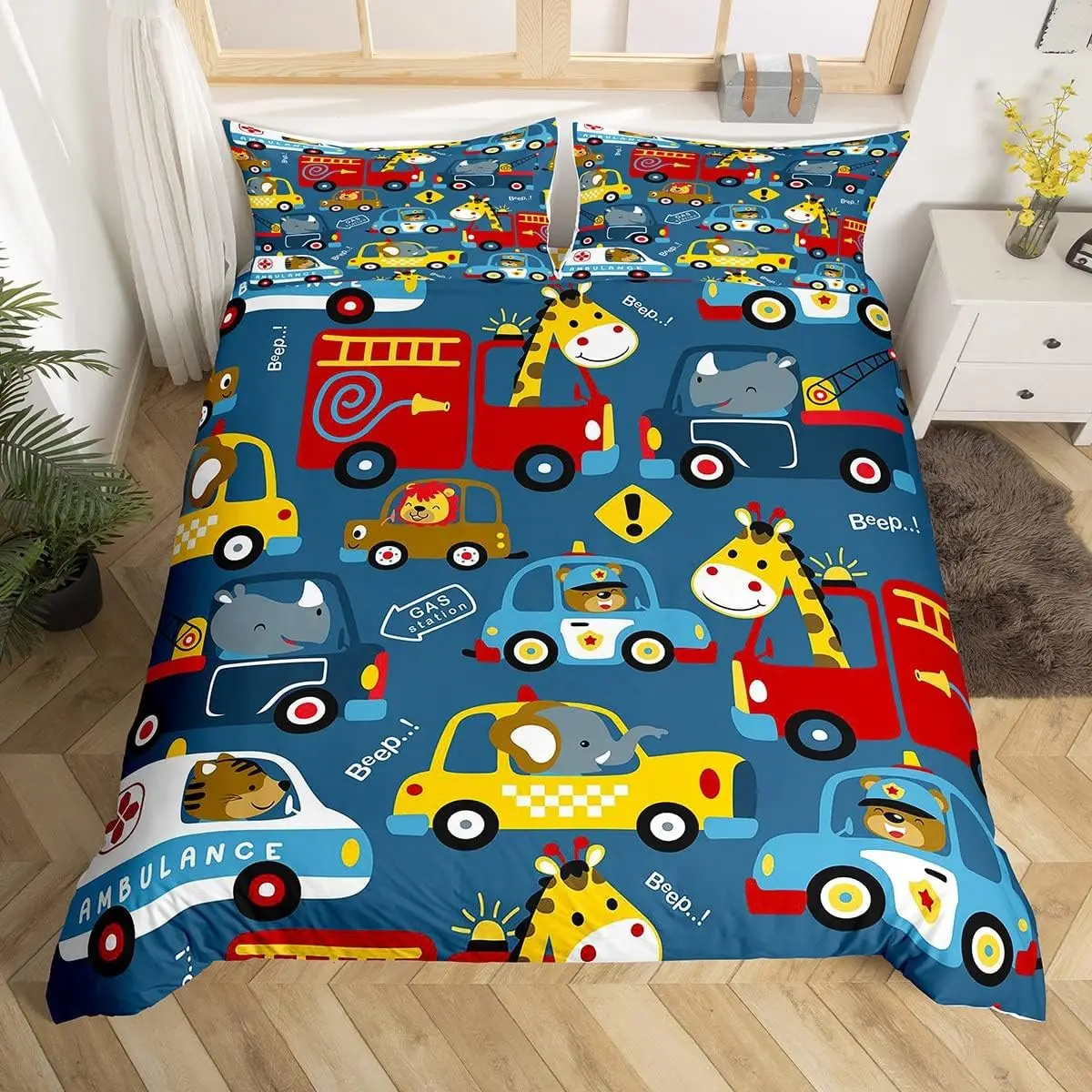 Cartoon Fire Engine Duvet Cover Full Queen King Red Car City Rescue Vehicles Bedding Set, Watercolor Flame Print Comforter Cover