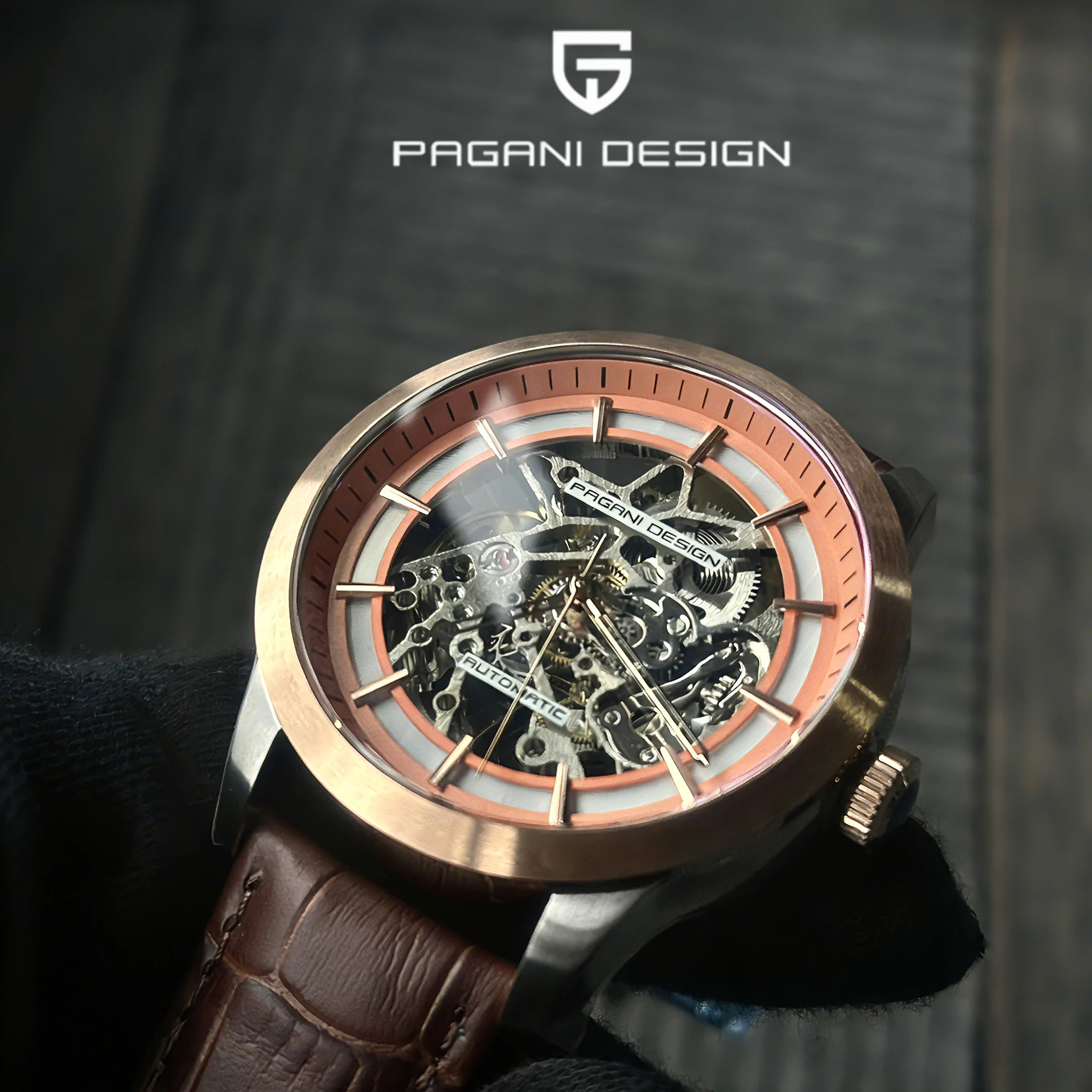 PAGANI DESIGN Hot Sale Mens Mechanical Watch Genuine Leather Strap Skeleton Design Fashion Casual Business High Hardness Glass
