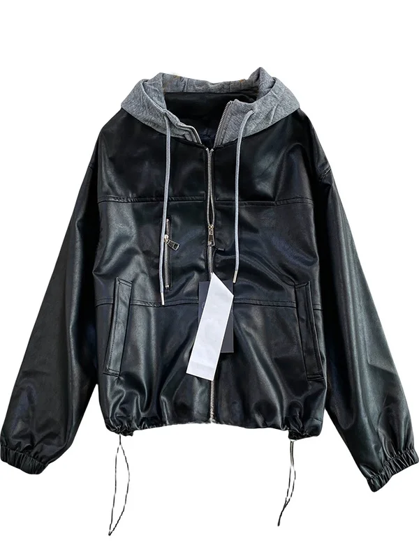 プレミアムブラウンPUレザーバイカージャケット レディース ドローストリング ルーズフィット スプライスハットコート スリミング オートウェア カジュアル スタイル