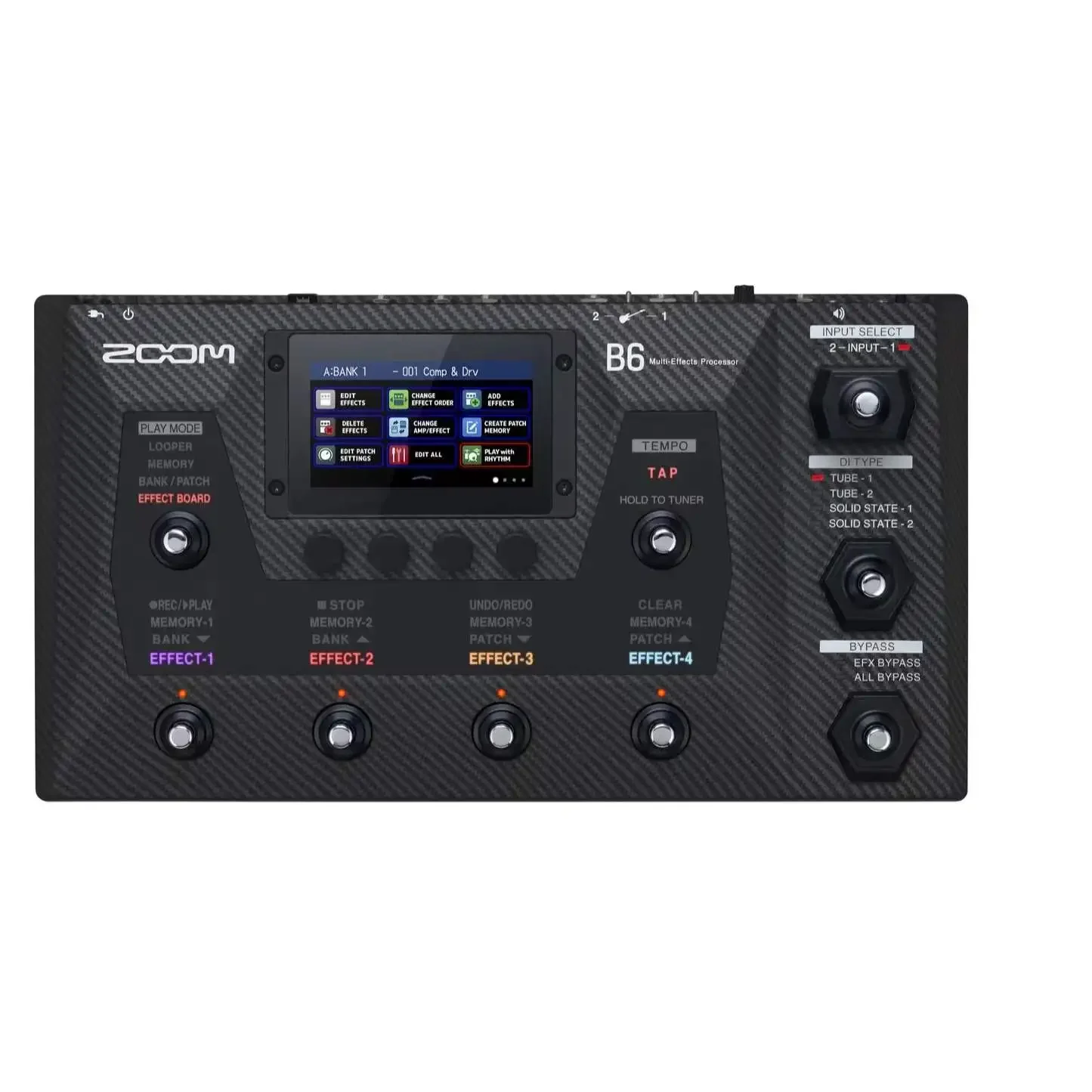 switches 88.2 kHz effects processor for bass players ZO-OM B6 multi-effects processor with 4 DI boxes and 9 stomp