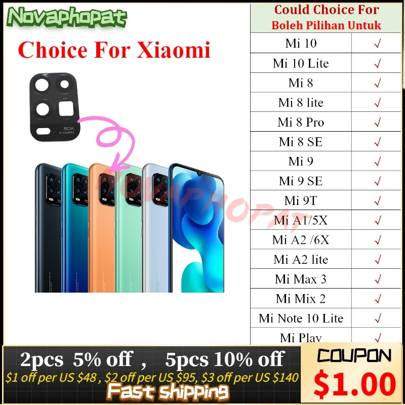 Real Camera Glass For Xiaomi Mi 10 8 9 9T Note 10 Lite Pro SE A1 A2 Mix 2 Max 3 Play Back Rear Camera Glass Lens