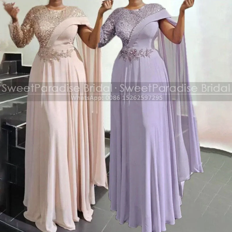 Vestidos para madre de la novia con apliques de lentejuelas ostentosas, mangas largas individuales, vestido de noche de gasa personalizado de talla grande para mujer