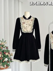 Autumn French Vintage Velvet Long Sleeve Mori Girl Women 2000s Aesthetic Old Money Embroidery Frocks Evening One-Piece Elegant