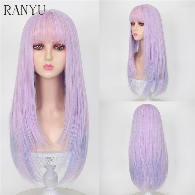 RANYU Long Light Purple Synthetic Stranght Wig with Bangs for white Women Cosplay Party Halloween Wigs Daily Natural Hair