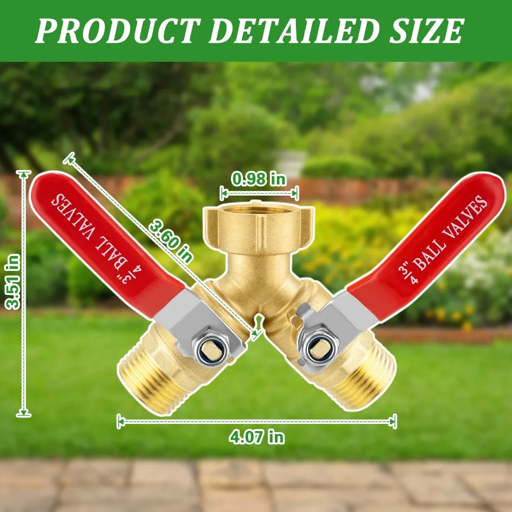 Splitter Outdoor Full Flow Hose Splitter Connector,Y Valve 3/4 Inch GHT Thread Hose Splitter 2 Way Heavy Duty Brass Garden Hose