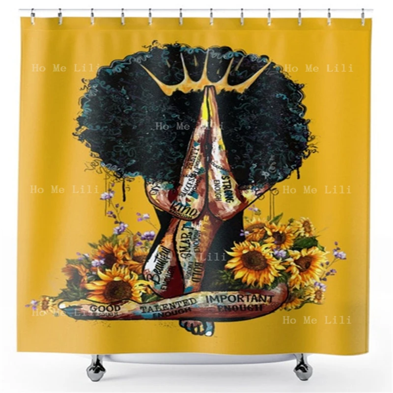 Black Woman With Crown Praying Sunflowers Tatoo Girl Afrocentric Shower Curtains Bathroom Decor Housewarming Gift Idea