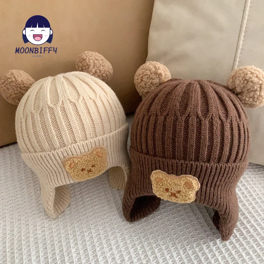 Winter Baby Beanie Cap Cartoon Bear Ear Protection Knitted Hat for Toddler Boys Girls Cute Korean Warm Kids Crochet Hats Gorros