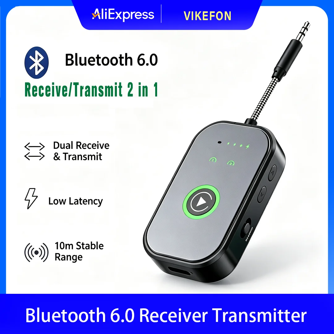 Bluetooth 6.0 AUX Audio-Sender-Empfänger 2-in-1 Drahtloser Adapter 3,5 mm mit Mikrofon HiFi-Stereo-Musik für Auto, TV, PC, Flugzeug