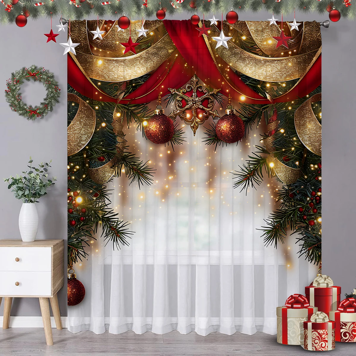 1Pc Christmas-Themed Curtain with Gold and Red Ribbon and Pine Branch Design, Lightweight and Breathable 100% Polyester Material, with Rod Pocket Design, Convenient Decoration, Suitable for Living Room, Bedroom, Dining Area, Office and Balcony Decoration