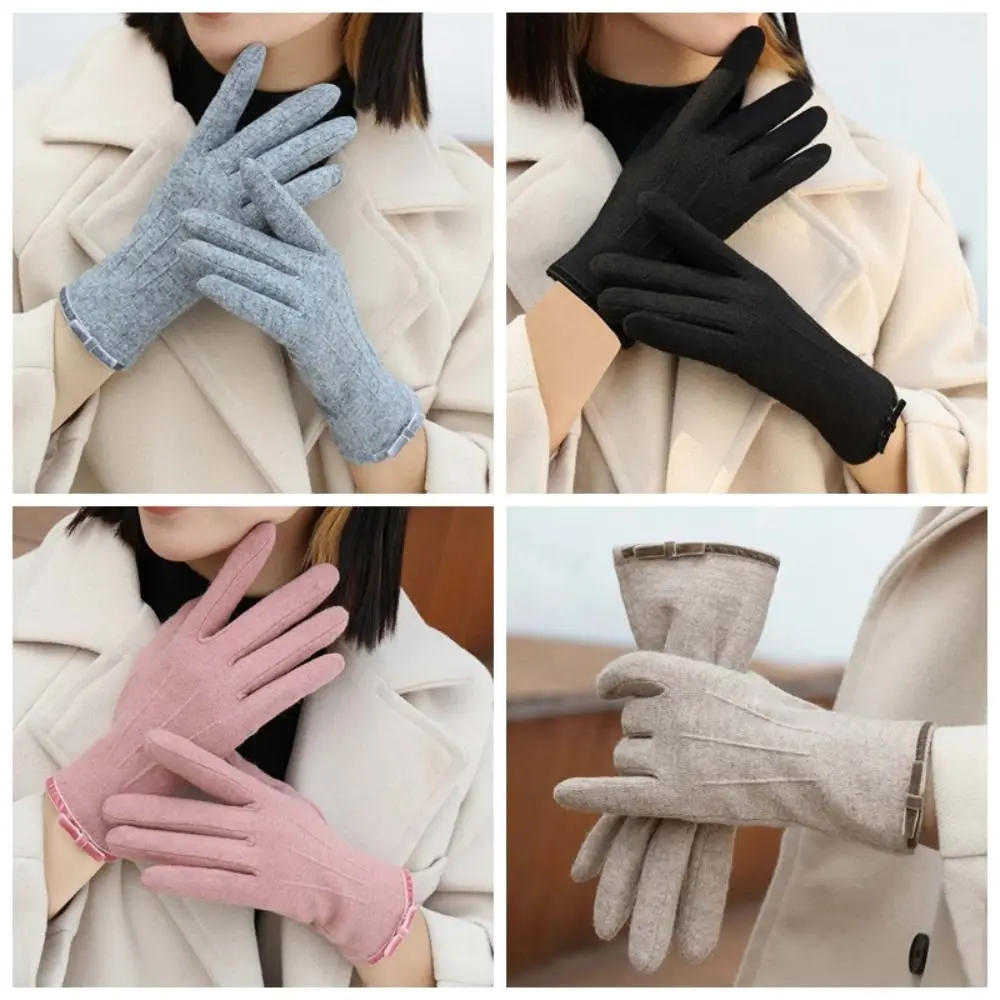 Faux Cashmere Bow Anti-cold Mittens Touch Screen Soft Soft Thickened Gloves Solid Color Sewn Elasticity Finger Mittens Lady