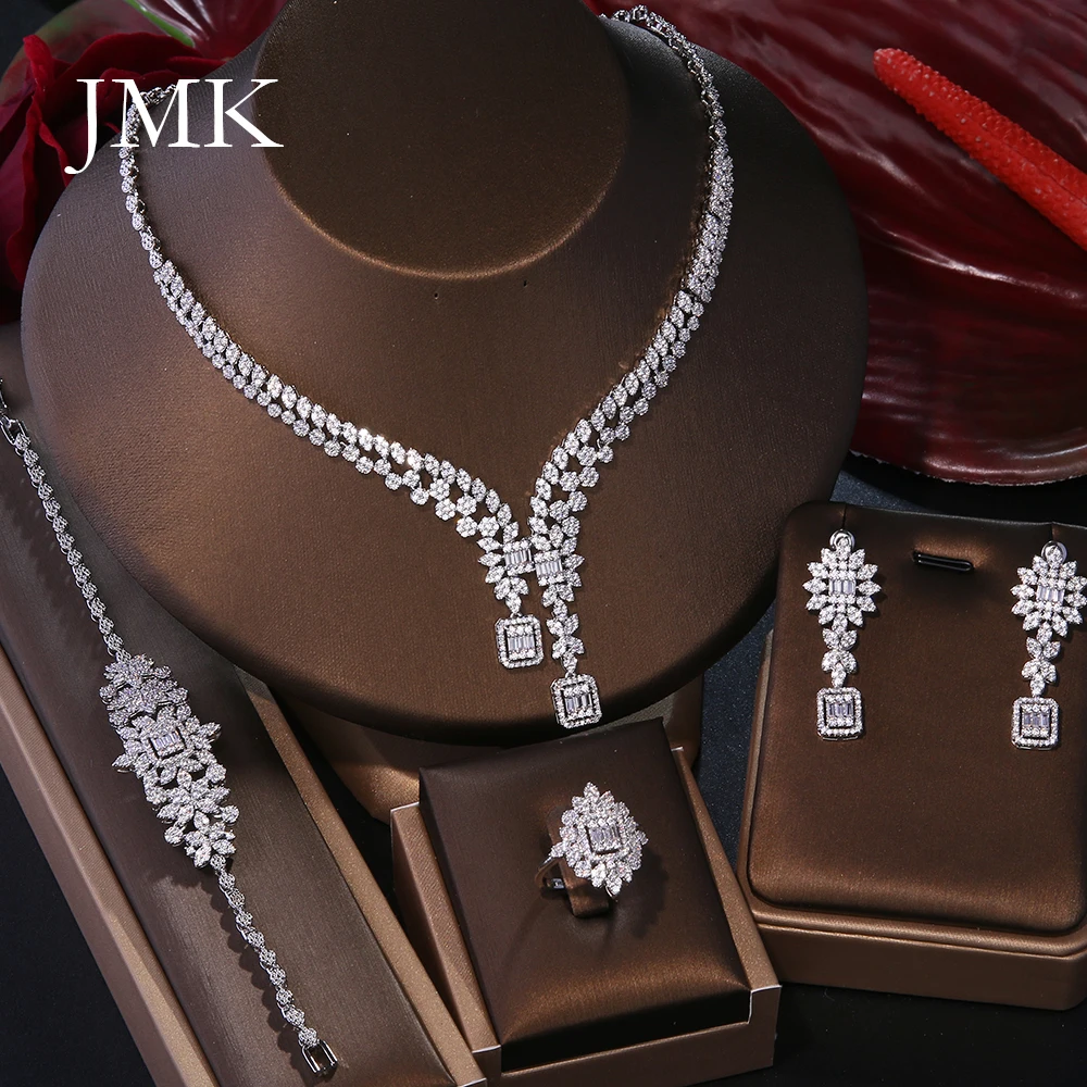 

JMK Dubai Women 4pcs Jewelry Sets Bridal Wedding Silver Plated Africa Jewellery Party Necklace Earrings Gift Dropship