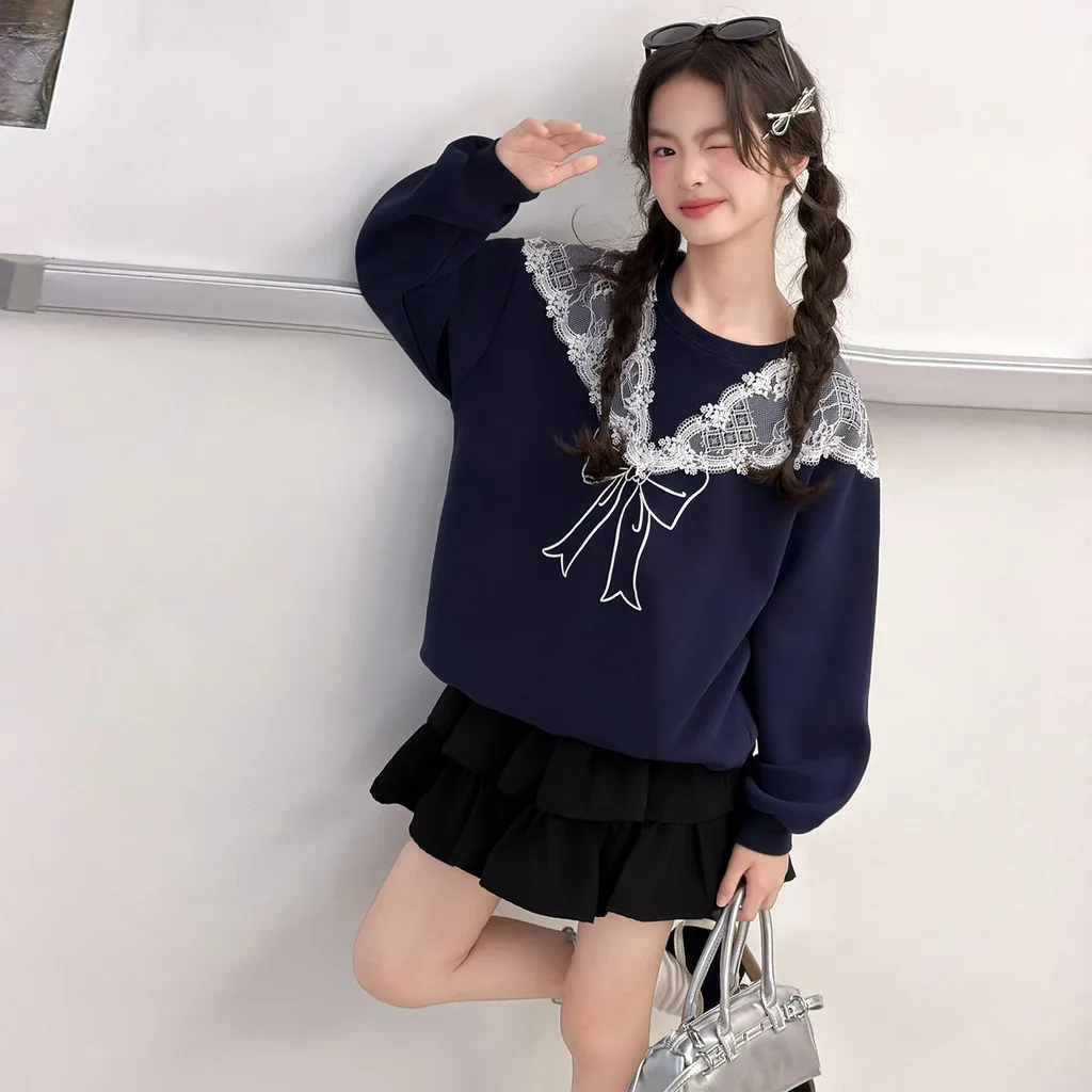 Girls Sweatshirt Lace Bow Print Autumn Cute Children Tops Dark Blue 2026