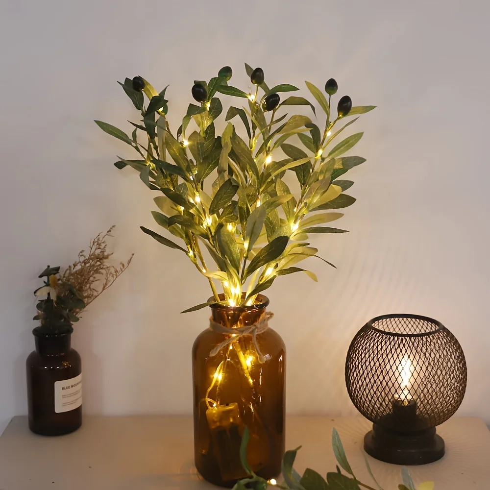 LED Green Olive Tree Light - Battery Operated, Bedroom Desk Decor, Indoor Festive & Christmas Decorations (Vase Not Included)