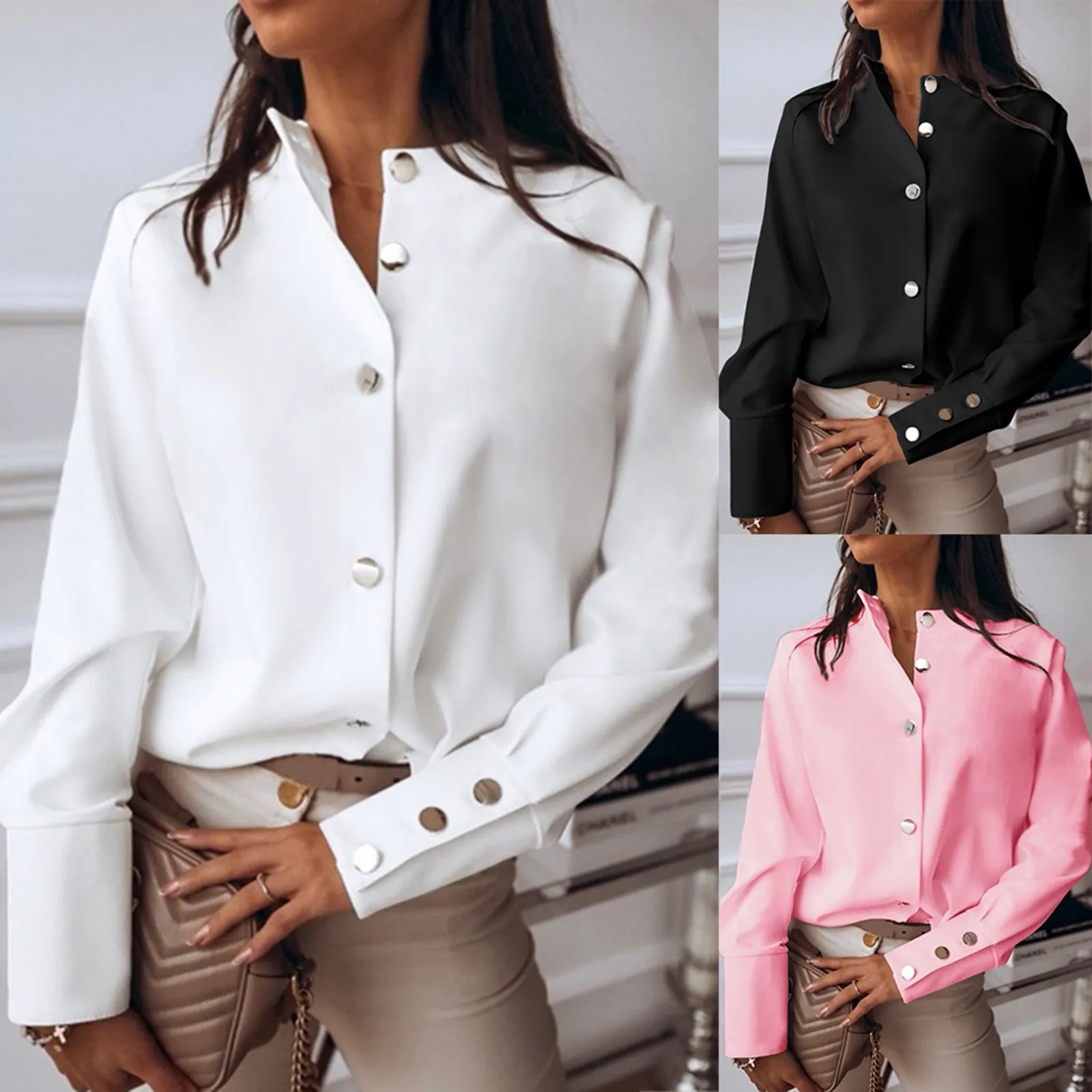 Women'S Casual Fashion Mid-Length Shirt Solid Color Lapel Loose Button Cardigan Thin Shirt Top Suitable For Spring And Autumn