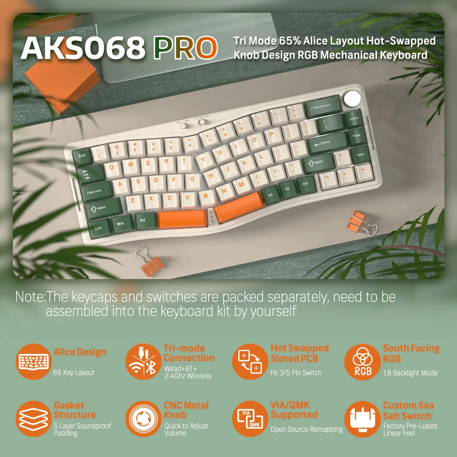 ATTACK SHARK x AJAZZ AKS068 PRO Alice Wireless Mechanical Keyboard 60% Alice Layout Wireless Mechanical Keyboard, VIA-Programmab