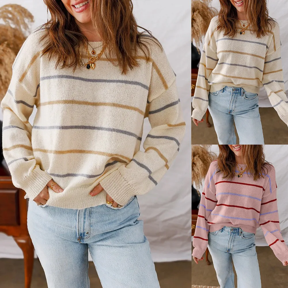 

Knitted Pullovers Sweaters Women Striped Jumper Spliced Round Neck Long Sleeve Thick Loose Casual Office Lady 2025 Autumn Winter