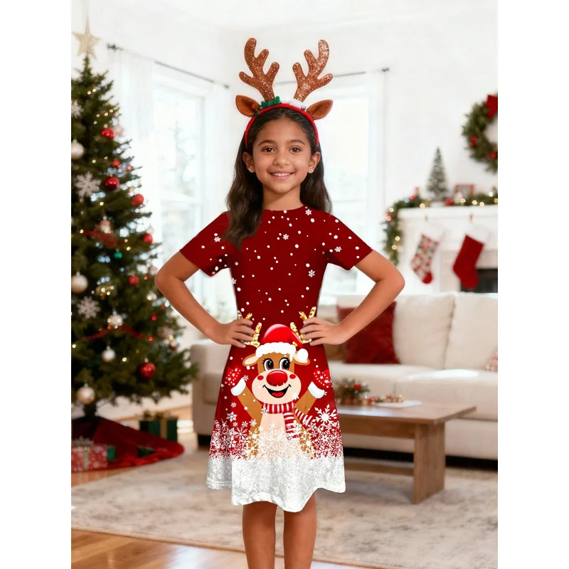 

Girls Christmas Deer Print Short Sleeve Dress Cute Princess Holiday Party Outfit Children's Holiday Theme Clothing 2026