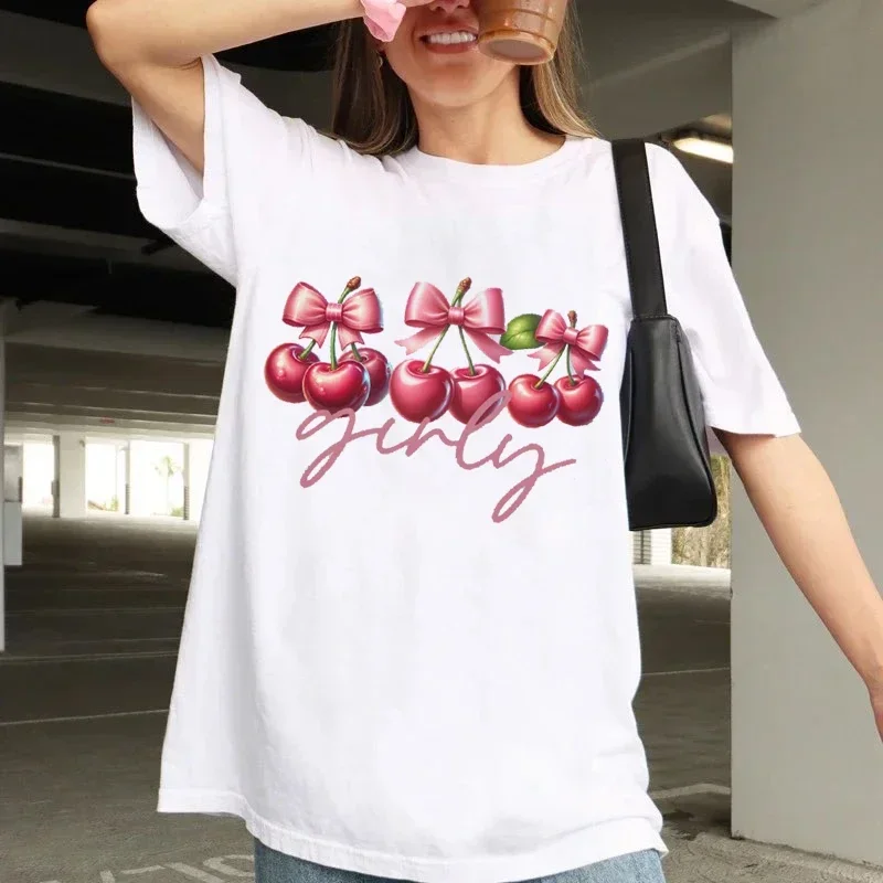 Trendy Women\'s Cherry Pattern Sweet Short Sleeved Printed Fashionable Casual Top Summer Clothing O-Neck Street Versatile T-Shirt