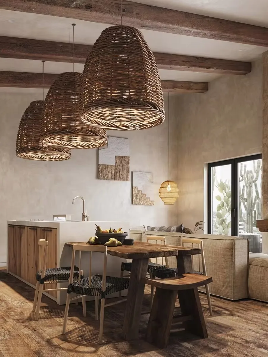2026 Natural Handmade Real Rattan Seaside Resort Hotel Thailand Australia American Style Wabi Sabi Living Kitchen Pendant Lamp
