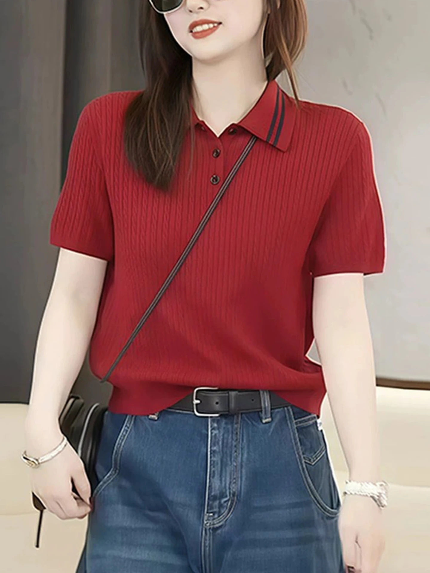 

Faionable Soft Comfortable ort Sve Knit Ne Top Color Blo Summer New Arrival Women's Loose Fit Korean Sle