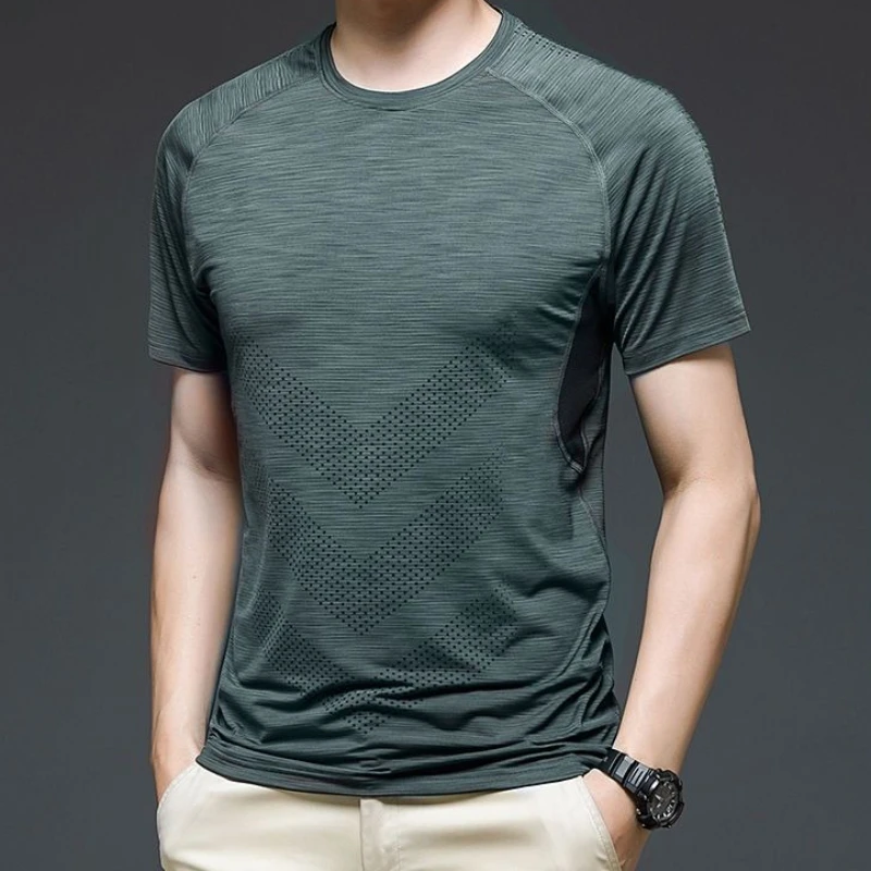 

Man Tee Shirts Ice Silk Top Slim Fit T Shirt for Men O Neck Quick-drying Aesthetic Funny Short Quarter Sleeve Summer Clothing