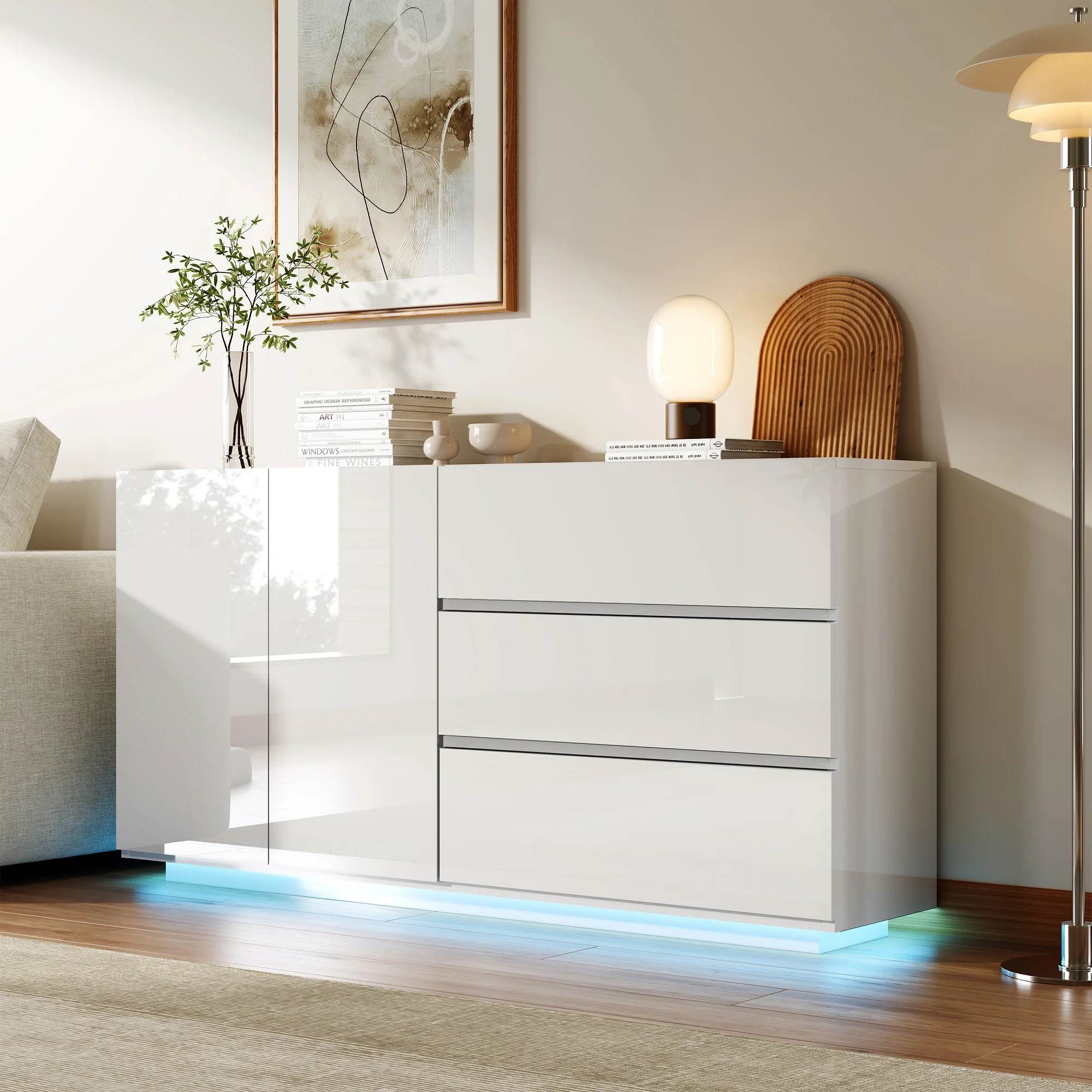 Rosahqnda Sideboard Hochglanzweiß mit LED, modernes Sideboard mit Tür und Schubladen, Buffetschrank, Kommode für die Küche – Detail 32