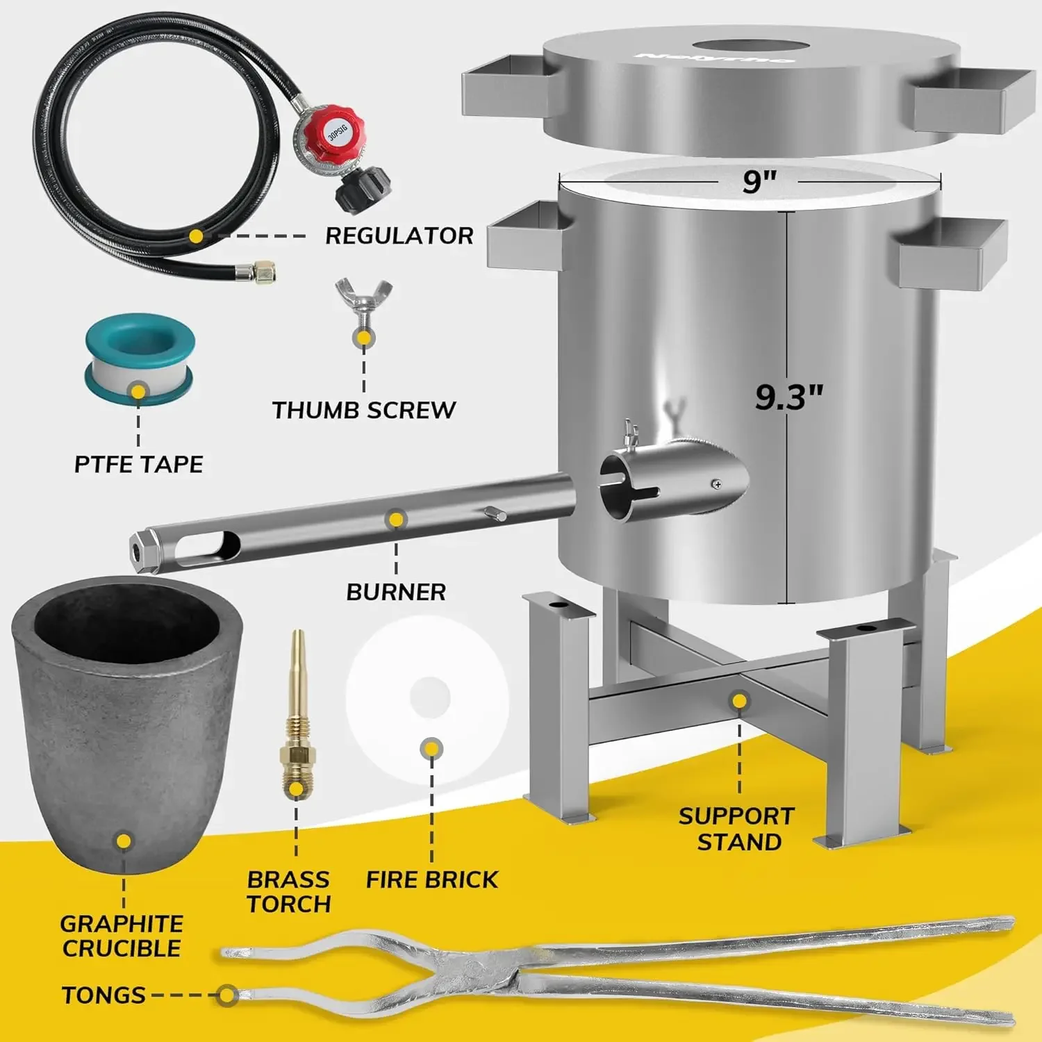 Propane Smelting Furnace Kit with 7kg Crucible, Support Stand, Tongs etc.，Full Stainless Steel Made, at Home Foundry Melting Alu