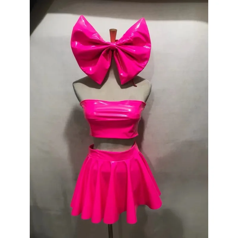 

Festival Rave Outfit Kpop Stage Tube Top Mini Pleated Skirt Set Bow Tie Nightclub Gogo Dancer Costume Sexy Halloween Cosplay