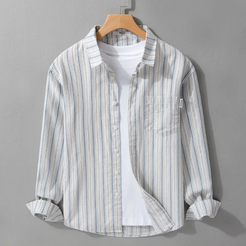 

Color Woven Stripe Long Sve Casual Cotton irt Men's Spring Autumn Loose Fit Classic Sle Youthful Trendy Japanese Sle